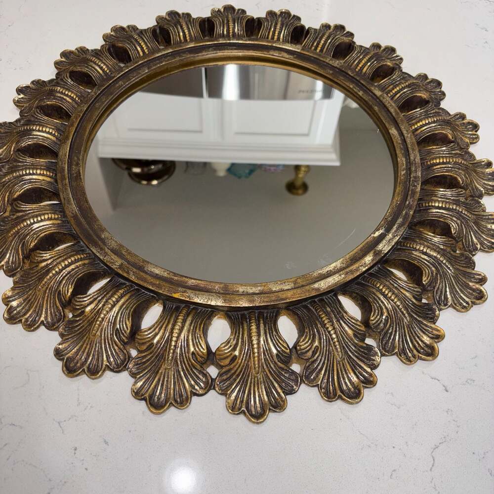 Vintage Ornate Gold Sunburst Wall Mirror Hollywood Regency Acanthus Leaf 21” - Picture 3 of 8